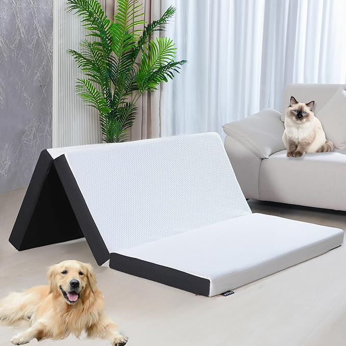 Roxzo 4-inch Queen Size Tri-Fold Memory Foam Mattress, Foldable for Indoor, RV/Camper Van, Travel, Camping, and Guest Rooms, with Breathable Cover & Non-Slip Bottom, 78x58x4 inches