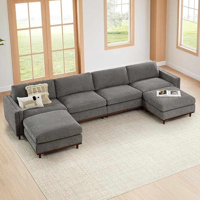 CHITA Super Large Luxury U Shape Convertible Sectional Modular Sofa, Down Filled Modern Sofa, Deep Seat Cloud Couch, 153 inch Width, 6 Seat Couch with Solid Wood Leg,2 Ottomans,Grey