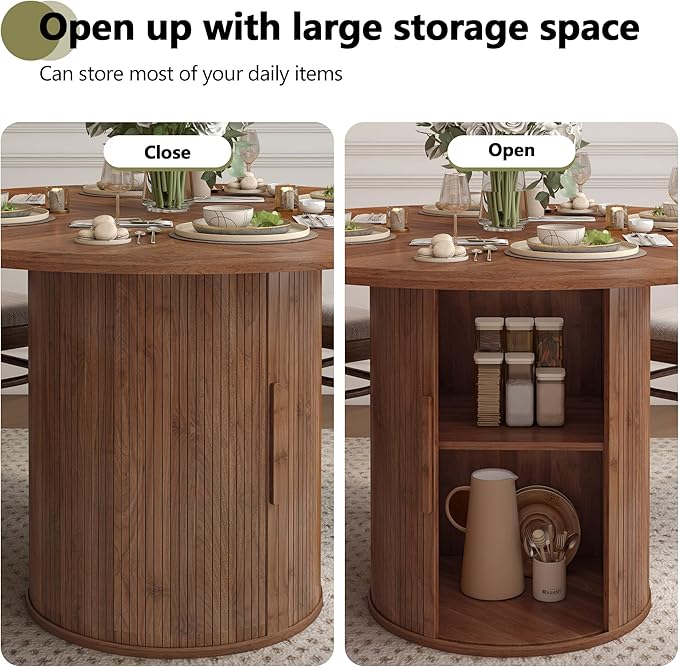 weselon 47 inch Round Dining Table for 4, Kitchen Table Dinner Table with 2-Layer Storage Shelf and Wood Slide Door for Home Dining Room Living Room (Walnut)