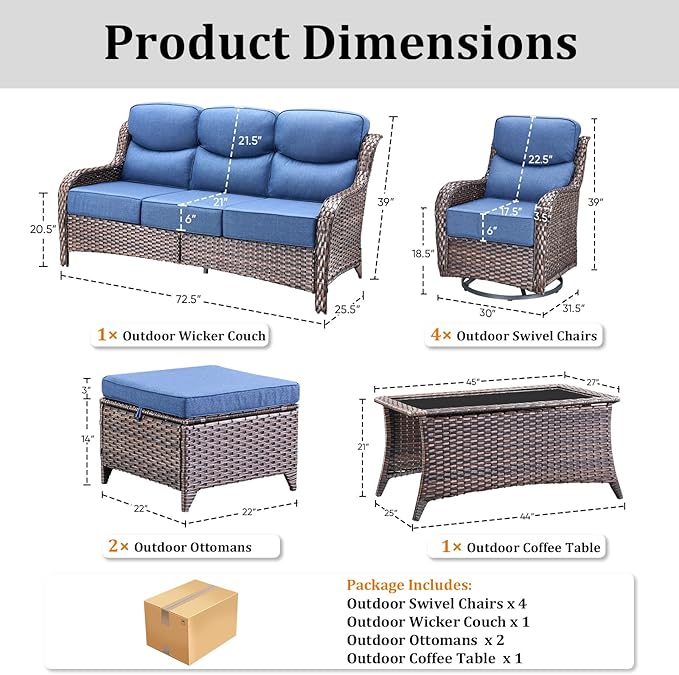 Pugire Luxury High Back Patio Furniture Set with 6-Inch Thick Cushions, 8-Pieces Outdoor Furniture with Swivel Chairs, Wicker Conversation Set for Porch, Balcony, Deck and Yard, Brown/Blue