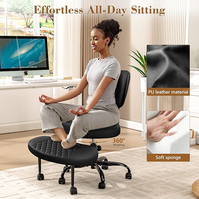 Ergonomic Cross Legged Office Chair with Wheels - Adjustable Height for Meditation, ADHD Desk & Yoga - Wide Criss Cross Design with Lumbar Support, Kneeling Chair - Inky Black