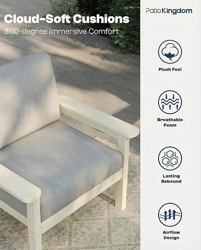 Patio Kingdom Patio Furniture Set 3 Seats, HDPE Outdoor Sectional with Washable Gray Thick Cushions, Coffee Table & Side Table, Patio Conversation Sets for Lawn, Garden, Porch, Balcony (White Frame)