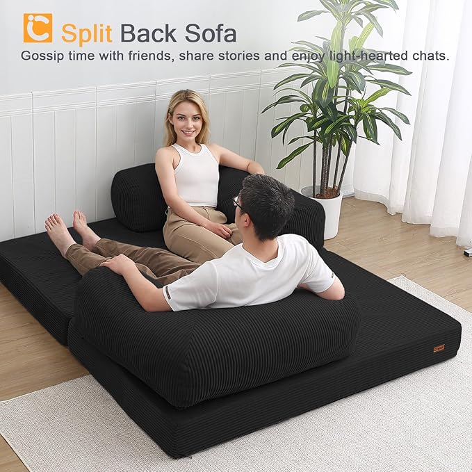 COMAX Futon Sofa Bed, 4-in-1 Floor Foldable Sofa Couch Bed with L-Shaped Armrests, Convertible Folding Chair Bed Sleeper Mattress Fold Out Lounge for Living Room Bedroom, Black