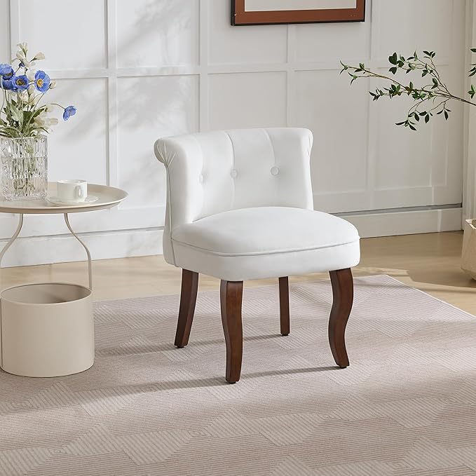 WUTUTUEE Velvet Vanity Chair with Back, Tufted Upholstered Vanity Stool with Solid Wood Legs, Mid Century Small Makeup Chair for Vanity, Accent Chair for Bedroom, Living Room, White