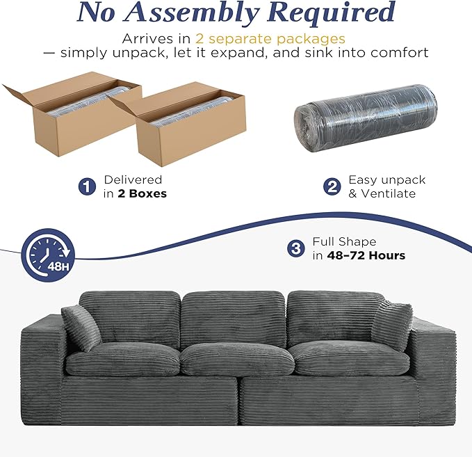 Esright 110" Oversized Sofa for Living Room, Cloud Boneless Couch with Fluffy Seat Cushions, 3 Seater Upholstered Floor Sofa, No Assembly Required, Grey