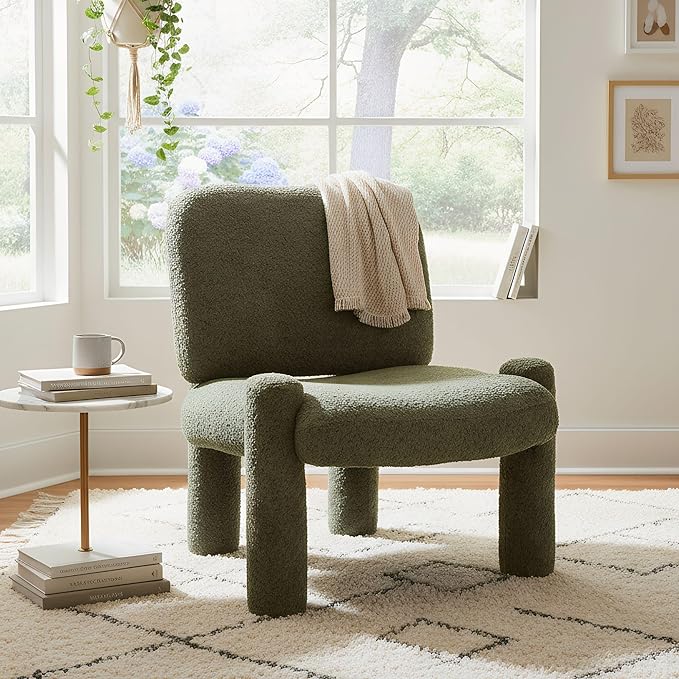 Wahson Modern Green Accent Chair, Chenille Fabric Upholstered Single Sofa with Padded Back & Solid Wood Legs, Comfy Reading Chair Side Chair for Living Room/Bedroom/Corner, Areless
