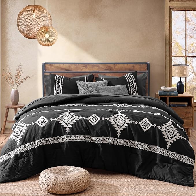MaiRêve Embroidery Comforter Set, Boho Farmhouse Western Bedding Set, All Season Bed in A Bag Comforter Set with Sheets, Pillowcases & Shams, Black Full 7 Pieces