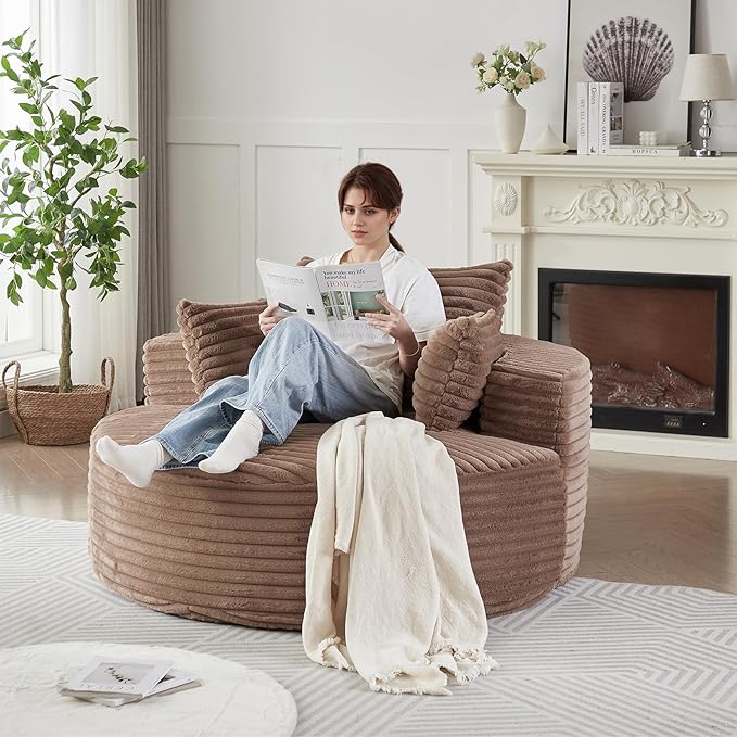 Oversized Round Chaise Longue Chair Indoor, Modern 55-inch Upholstered Corduroy Deep Seat Circle Single Cloud Lounge Floor Sofa Chair for Living Room, Bedroom Apartment, Brown