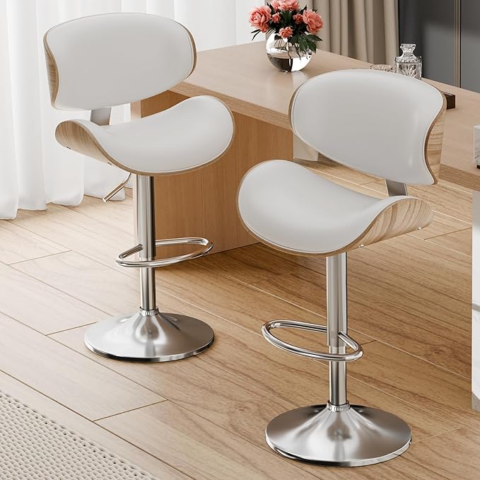 Aowos Bar Stools, Adjustable Swivel Leather Bar Stools for Kitchen Island, Mid Century Modern Counter Height Bar Chairs Barstools with Back & Footrest (Cream White 1PCS)