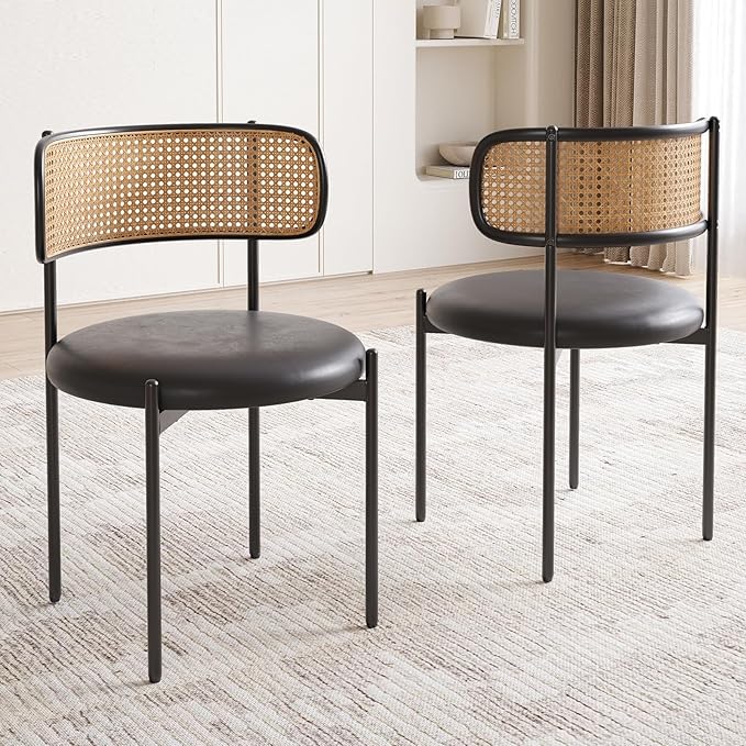 Farini Dining Chairs Set of 2, PU Leather Upholstered Seat with Woven Rattan Back, Sturdy Metal Legs Modern Side Chairs for Kitchen Living Room Restaurant, Black