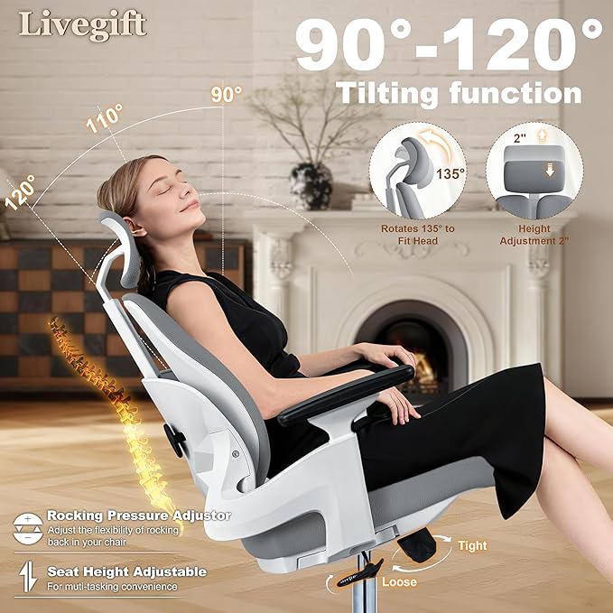 Ergonomic Office Chair Desk Chair Dual-backrest Computer Chair with Flexible Lumbar Support and Adjustable Height, 500lbs Extra Wide Seat with Wheels, for Home & Office Use Grey