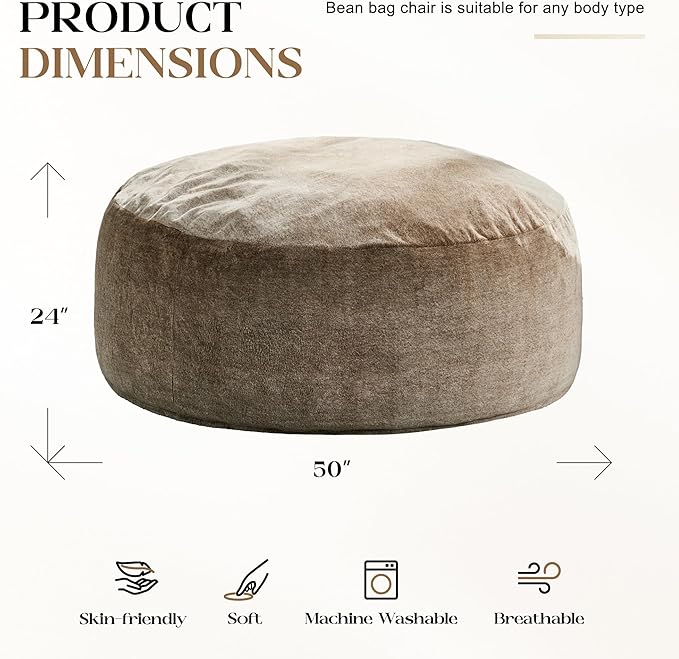 Hobestluk Bean Bag Chairs Giant Beanbag Chair with Filler, Memory Foam Bean Bags with Fluffy & Machine Washable Cover, Bean Bag Chairs for Aduts for Living Room, Bedroom (BROWN, 5FT - 50” x 50” x 24”)