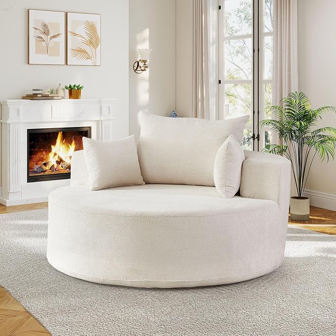 55"W Oversized Round Chair Lounge Chaise Indoor,Upholstered Comfy Circle Sofa Armchair,Modern Cozy Boneless Foam Floor Reading Chair for Living Room,Bedroom,No Assembly Required(Grid Chenille,Beige)