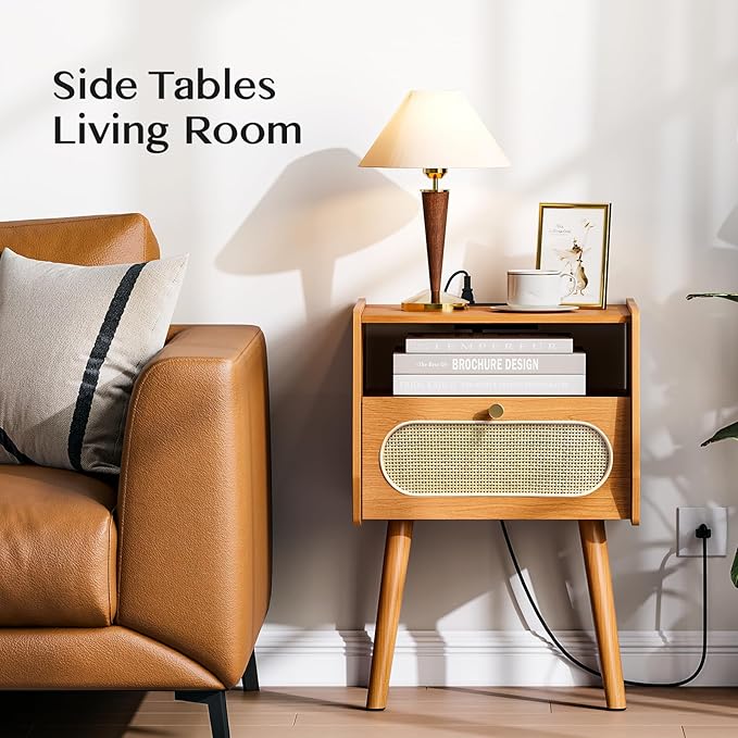Night Stand Set 2, Mid Century Modern Nightstands Drawer, Rattan Bedside Table with Charging Station, Boho End Table with Storage, Wood Bed Side Tables for Bedroom, Small Space, Cherry