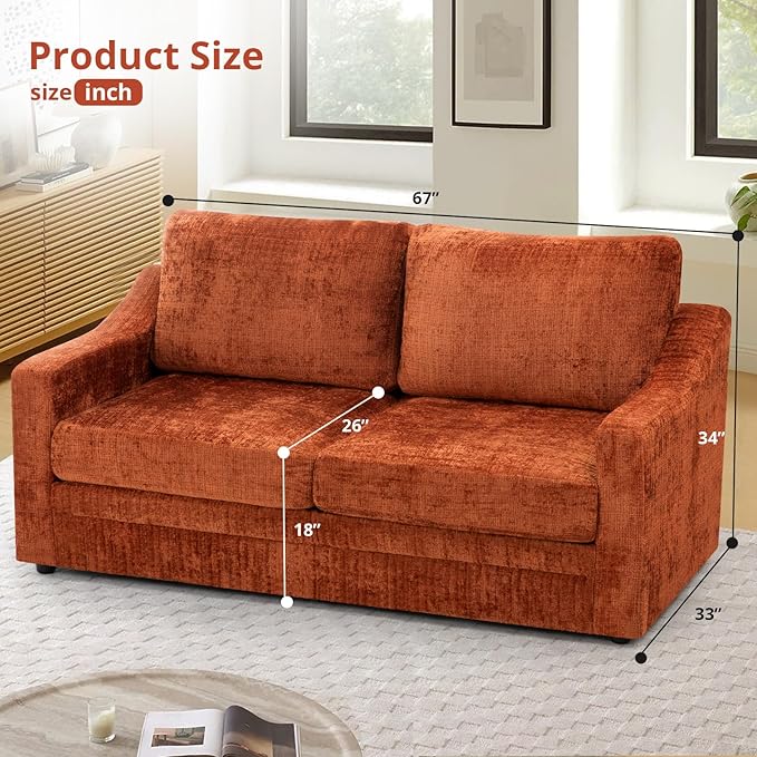 ACMEASE 67 Inches Chenille 2-Seat Sofa w/Comfortable Back Cushions, Modern Love Seat w/Deep Seat Space, Upholstered 2 Seater Couch w/High Resiliency Foam for Living Room, Office, Orange