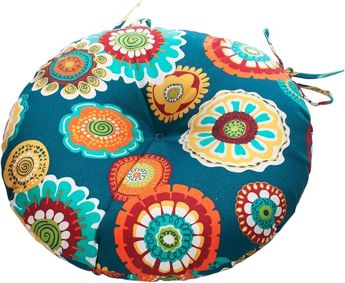 Magpie Fabrics Outdoor Round Bistro Seat Cushions with Ties, 15"x15"x4" Set of 2, Tufted Waterproof Barstool Chair Pads for Patio Home Garden Office, Floral Green
