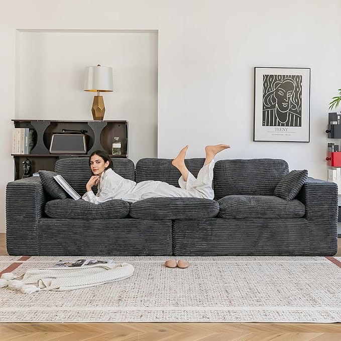 Esright 110" Oversized Sofa for Living Room, Cloud Boneless Couch with Fluffy Seat Cushions, 3 Seater Upholstered Floor Sofa, No Assembly Required, Grey