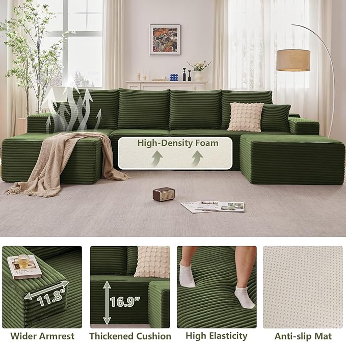 Lakifun 135" L-Shape Sofa with Ottoman, Modern Modular Sectional Comfy U-Shape Cloud Couch, Deep Seat, Upholstered Corduroy Sleeper Chaise Longue for Living Room Bedroom, No Assembly Required, Green