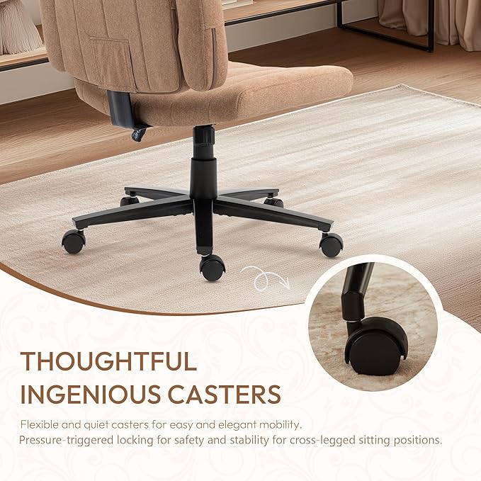 Vigosit Criss Cross Chair with Wheels – Comfortable Vanity Chair, Wide Rolling Cross Legged Office Chairs with Arms, Adjustable Desk Chairs Comfy for Home Office, Swivel Task (Brown)