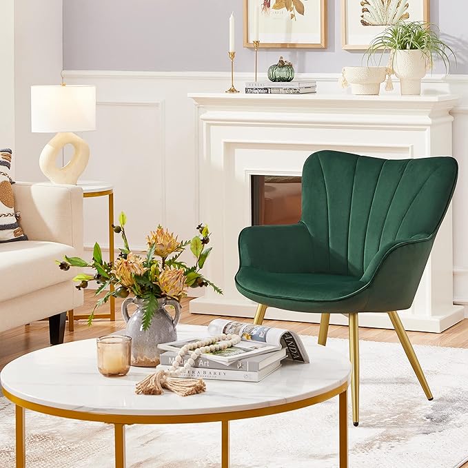Yaheetech Velvet Accent Chair, Modern Armchair Vanity Chair with Wing Side and Metal Legs, Cozy and Soft Padded and High Back for Living Room/Makeup/Office/Bedroom, Green