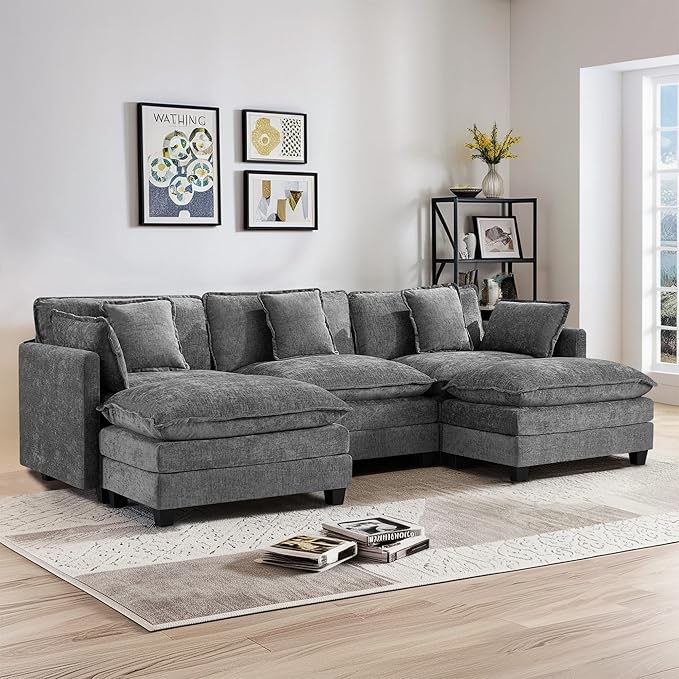 UMBFUN 3-Seater Cloud Couch with 2 Ottomans, Oversized Modular Sectional U Shaped Sofa with Deep Seat Cushions, Comfy Chenille Couch for Living Room, Grey