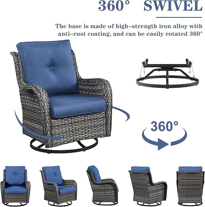 Belord Wicker Outdoor Furniture Patio Furniture Set - 6 Piece Patio Conversation Set with Swivel Rocker Chairs, Rattan Sofa, Ottomans and Coffee Table, Blue Cushion