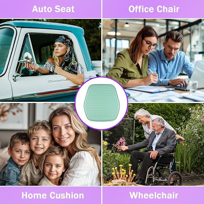 Binsheo Thin Gel Seat Cushion for Car Seat, Office Chair, Wheelchair, Golf Cart - Non-Slip Car Seat Cushions with 0.7 Inch Gel - Sciatica & Coccyx Pain Relief (Leather, Green)