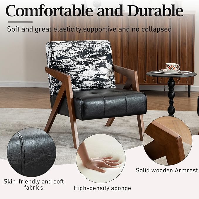 Mid-Century Modern Accent Chair with Solid Wood Frame，Upholstered Leather Living Room Arm Chairs with Pillow for Bedroom, Living Room, Reading Room, Balcony, Black