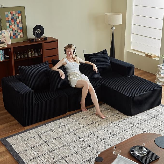 ERORVX 102" Black Couch for Living Room,Boneless Couch No Assembly Required,Comfy Couches with Oversized Chaise,Compressed Sofa for Any Room,Modern Sofa-Corduroy