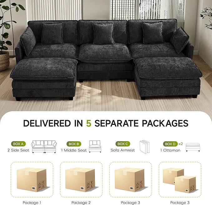 UMBFUN 3-Seater Cloud Couch with 2 Ottomans, Oversized Modular Sectional U Shaped Sofa with Deep Seat Cushions, Comfy Chenille Couch for Living Room, Dark Grey
