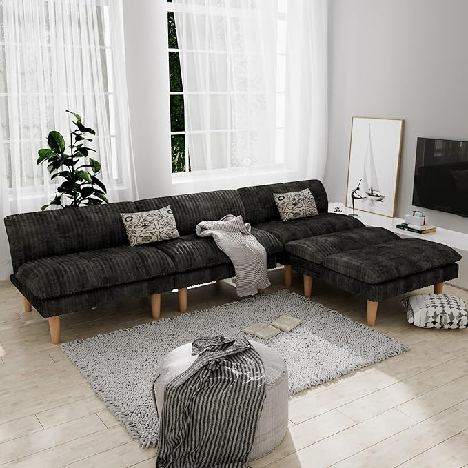 2 Sets 69" Futon Sofa Bed, 4 in 1 Multi-Function Couch Sleeper with Adjustable Backrest, Modern Convertible Futon, Recliner Small Loveseat for Living Room, Plush Dark Grey