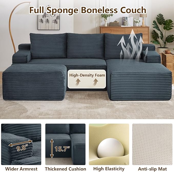 96" U-Shape Cloud Couch, Modern Modular Sectional L-Shape Sofa with Ottoman, Corduroy Upholstered Couches Deep Seat Sleeper Chaise Longue for Living Room, No Assembly Required(Dark Gray, Right Facing)