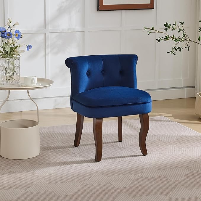 WUTUTUEE Velvet Vanity Chair with Back, Tufted Upholstered Vanity Stool with Solid Wood Legs, Mid Century Small Makeup Chair for Vanity, Accent Chair for Bedroom, Living Room, Navy