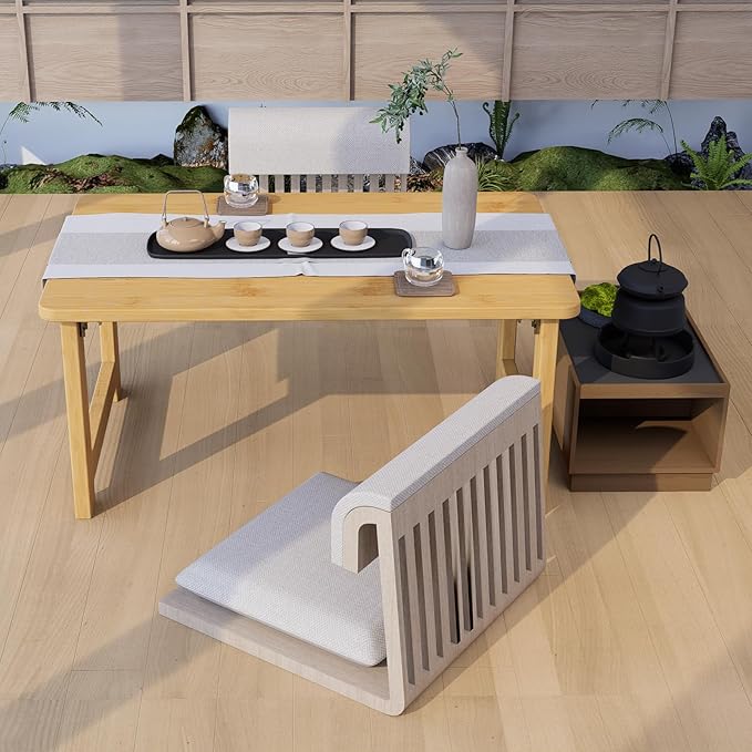 OETPJM Japanese Floor Table, Bamboo Folding Coffee Table, Portable Solid Wood Japanese Tatami Tea Table Table, No Assembly Japanese Dining Table for Sitting on The Floor, Easy Storage (Natural)