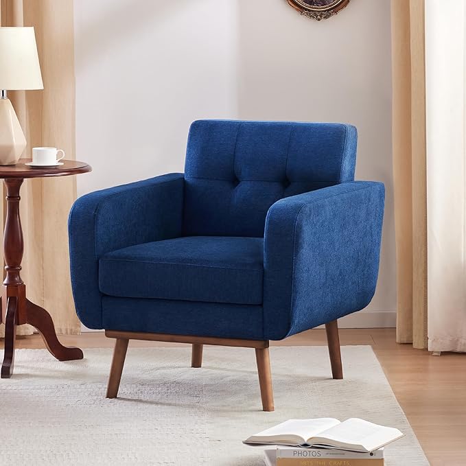 HUIMO Fabric Accent Chair, Mid Century Modern Arm Chair, Button Tufted Living Room Chairs for Bedroom Study Office (Dark Blue)