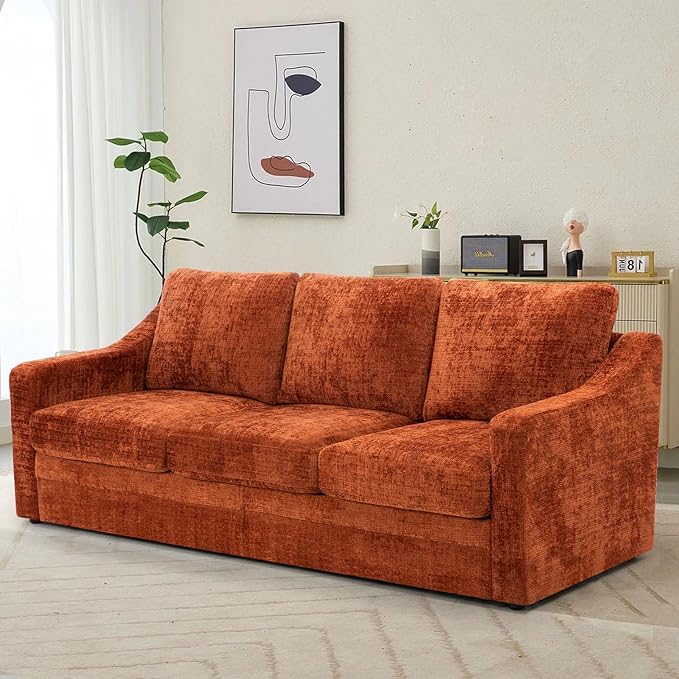 ACMEASE 83 Inches Chenille 3-Seat Sofa w/Comfortable Back Cushions, Modern Sofa w/Deep Seat Space, Upholstered 3 Seater Couch w/High Resiliency Foam for Living Room, Orange