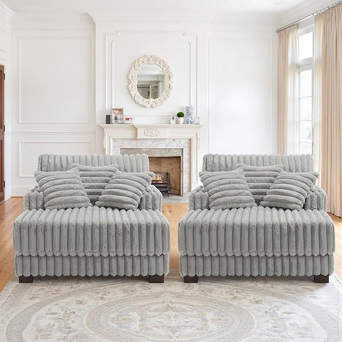 UIXE Chaise Lounge Chairs Set of 2, Oversized Indoor Sleeper Chair with 2 Cup Holders, Faux Fur Upholstered Sofa Bed Comfy Recliner for Living Room, Bedroom, Apartment - Light Gray