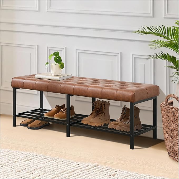 SOFTHION 55.5" End of Bed Bench, Modern Leather Button Tufted Bedroom Bench, Upholstered Storage Shoe Bench with Metal Base, Dinning Table Bench for Living Room, Bedroom, Entryway,Brown
