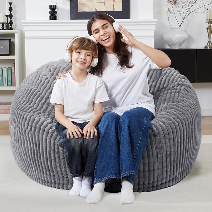 Homguava 3 FT Bean Bag Chair,3' Big Bean Bag,Large Bean Bag Chairs for Adults with Memory Foam Filled,Comfy Beanbag Chairs Soft Bean Bag Sofa with Dutch Corded Plush Cover-Dark Grey