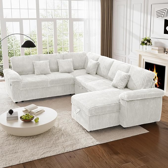 Modular Sectional Sleeper Sofa with Pull Out Bed, Storage Chaise & USB Charging, U Shaped Plush Corduroy Beige Sectional Couches for Living Room, Comfy Convertible 7 Seat Cloud Sofa Bed, Beige