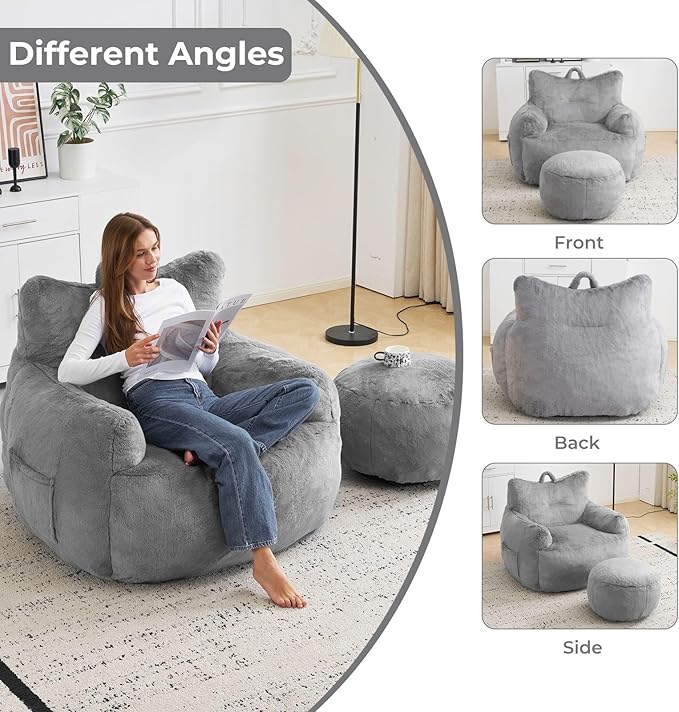 Giant Bean Bag Chair for Adults with Ottoman, Oversized Bean Bag with Filling Plush Fluffy,BeanBag Lazy Sofa Couch with Armrest for Living Room, Stuffed Floor Sofa with Sidepocket for Bedroom, Grey