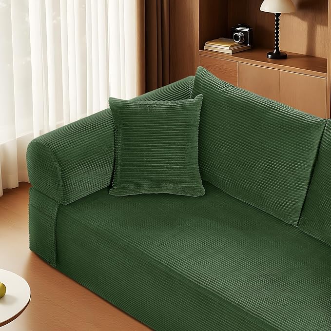 83" Sofa in a Box, 3 Seater Couch No Assembly Boneless Sofa Bed with Cushion Back 2 Matching Pillows Deep Seat Corduroy Fabric Side Storage Pockets for Living Room, Bedroom, Apartment, Office, Green