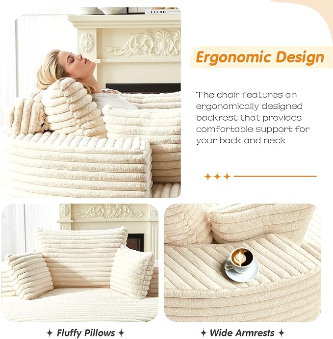 55"W Oversized Round Chair Lounge Chaise Indoor, Upholstered Comfy Circle Sofa Armchair, Modern Cozy Boneless Foam Floor Reading Chair for Living Room, Bedroom, No Assembly Required(Corduroy, Beige)