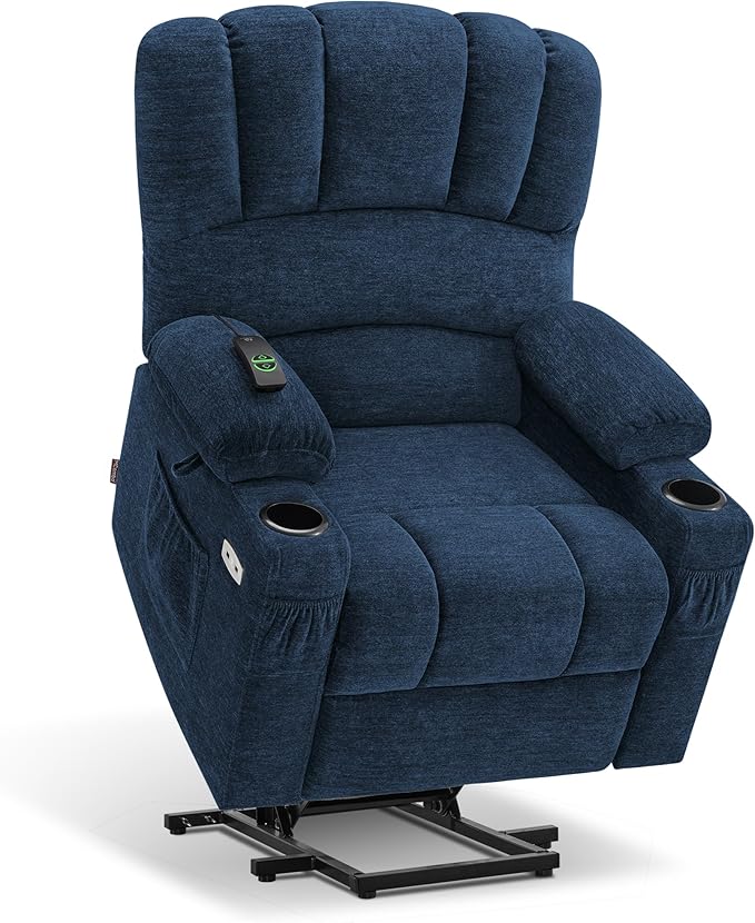 MCombo Power Lift Recliner Chair for Elderly, Lift Chair with Heat and Massage, USB &Type C Ports, Cup Holders, Fabric 7095 (Medium, Navy Blue)