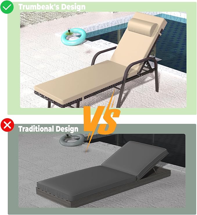 Trumbeak Patio Chaise Lounge Set 3 Pieces Pool Lounge Chairs,Cushioned Outdoor Folding Lounge Chair w/Arm and Rattan Adjustable Backrest for Poolside Porch,Folding Table Included,Sand