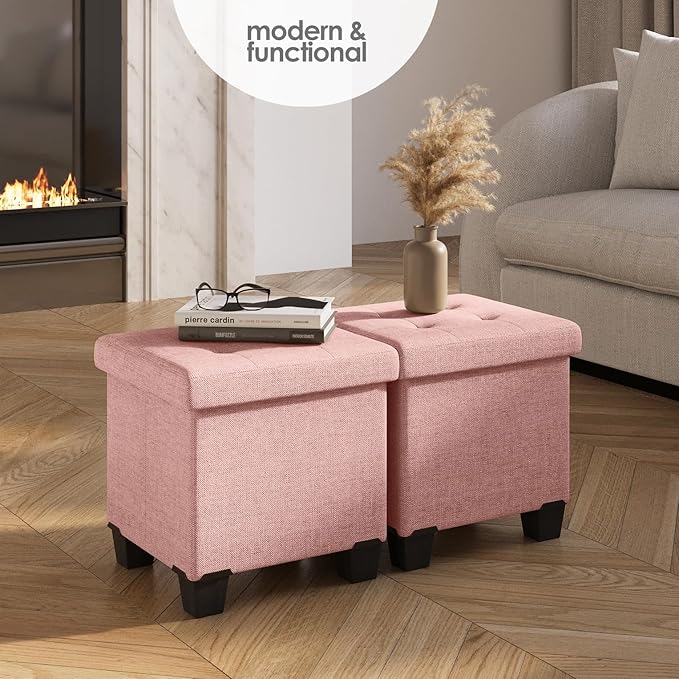 Storage Ottoman Cube with Small Bin, 16-in Square Ottoman with Storage for Living Room and Bedroom, Small Ottomans Foot Rest, Fabric Foot Stools Ottomans Max 330lbs, Pink