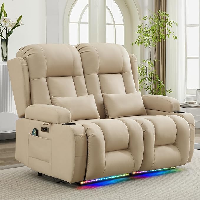 URRED Loveseat Recliner Sofa with Massage and Heat, Power Reclining Loveseat Sofa RV Couch Home Theater Seating with LED Lights, Cup Holders, Side Pockets, USB, Pillows, Leathaire Beige
