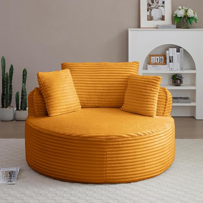 53"W Oversized Round Chaise Longue Chair Indoor,Corduroy Fluffy Comfy Cloud Chair,Circle Bean Bag Sofa with Foam Filling & Pillows,Boneless Reading Cozy Sofa Chairs for Living Room,Bedroom,Yellow