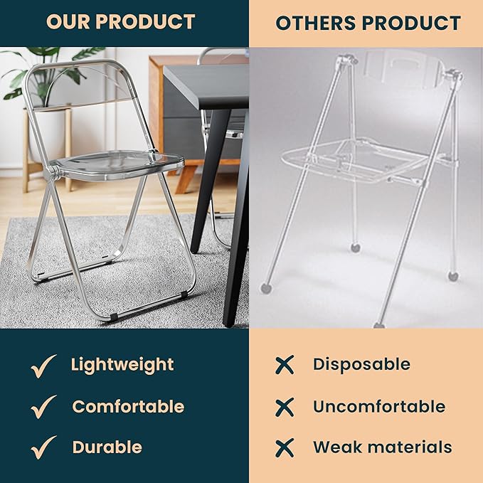 LeisureMod Lawrence Modern Clear Acrylic Folding Chair with Metal Frame, Space-Saving Transparent Seating for Dining Room, Home Office, Bedroom, Vanity or Small Spaces, (Transparent Black, Set of 2)