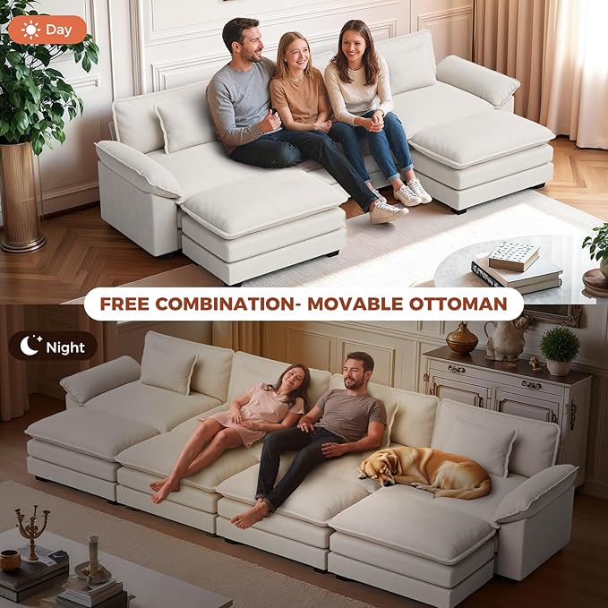 CDCASA 154" Oversized Modular Sectional Sofa Bed, Comfy Cloud Couch w/ 4 Movable Ottoman, 8-Seater Velvet Deep Seat Sofa Bed Modern Sofa Couch for Living Room, DIY Combination, Beige
